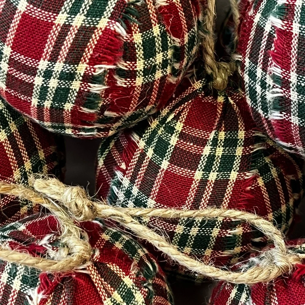 10 Primitive red green plaid Fabric RAG BALLS Christmas Ornaments farmhouse
